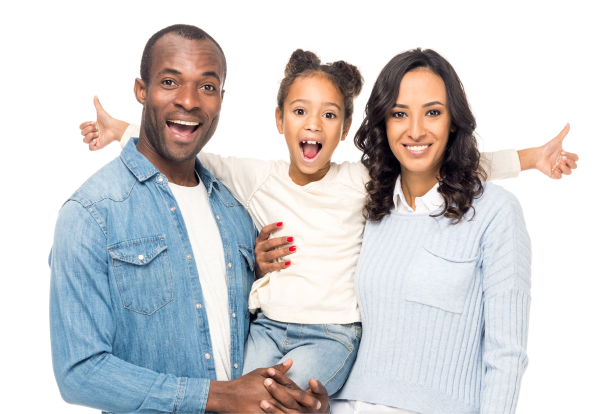 smiling happy family with their child, and the child is giving two thumbs up